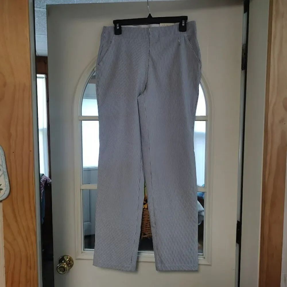 New Max Studio Blue White Striped High Rise Slim Leg Pull On Trouser Women's M